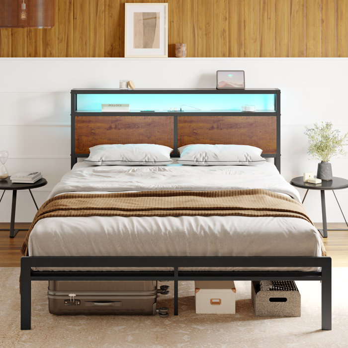 17 Stories Calion Bed Frame with LED Lights and USB Ports, Metal Frame